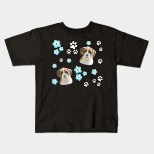 Flashy Fawn Boxer Puppy, on Blue with Flowers Kids T-Shirt